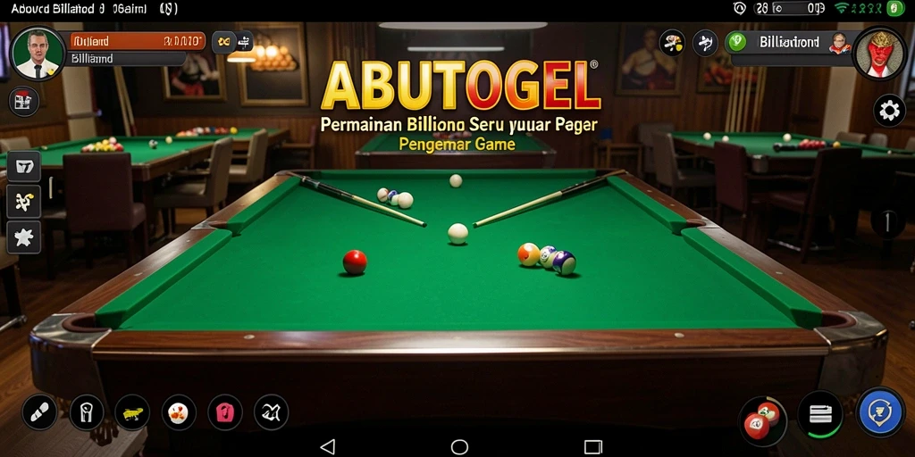 Tampilan antarmuka ABUTOGEL dengan meja billiard dan karakter pemain.