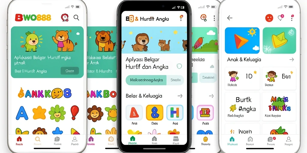 Tampilan antarmuka BWO888 yang menarik dan interaktif untuk belajar huruf dan angka.